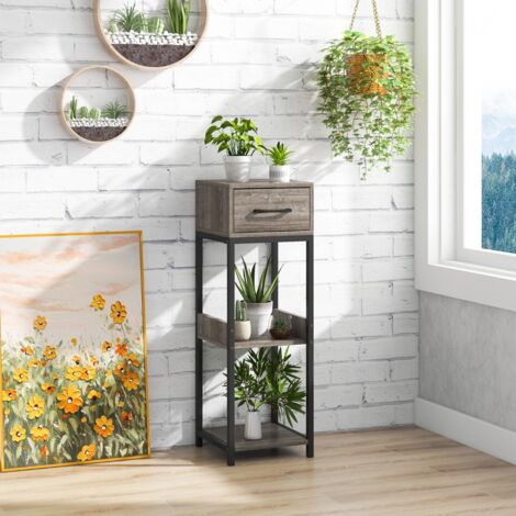 Supports de Plantes en Métal à 3 Niveaux Porte-Plantes Carré avec 1 Tiroir Kits Anti-basculement Organisateur d'Angle de Pots Gris+Noir