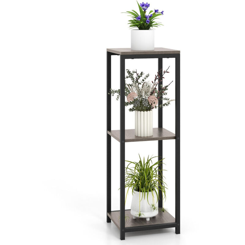 Supports de plantes métallique à 3 niveaux porte-plantes d'angle avec dispositifs anti-basculement organisateur de pots de fleurs carré gris
