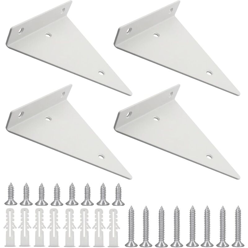 Supports d'étagère, paquet de 4, supports muraux flottants triangulaires blancs dissimulés en fer forgé robuste, adaptés aux étagères de cuisine, de