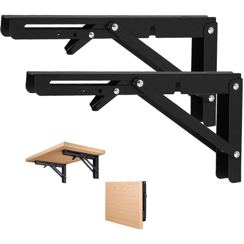 Ineasicer - Supports d'étagères pliables, 2 pièces Supports d'étagères pliables très résistants pour étagère de table de banc, noir, charge maximale