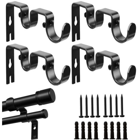 Supports doubles pour tringle à rideaux – Lot de 4 supports muraux en métal robustes, compatibles tringles 1" et 5/8", avec vis, pour salon, chambre et bureau
