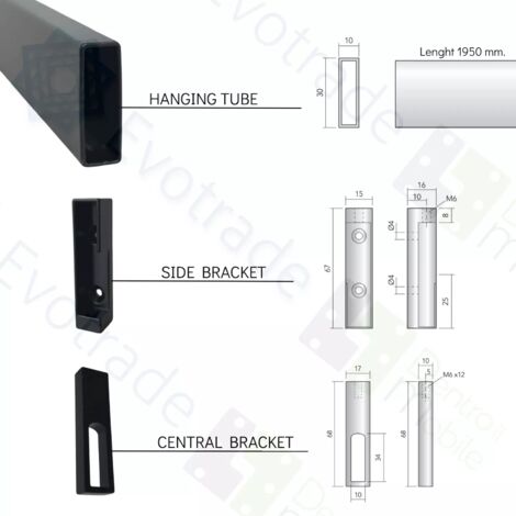 Supports latéraux noirs pour tube rectangulaire pour penderie 1950 mm (2 supports latéraux noirs)
