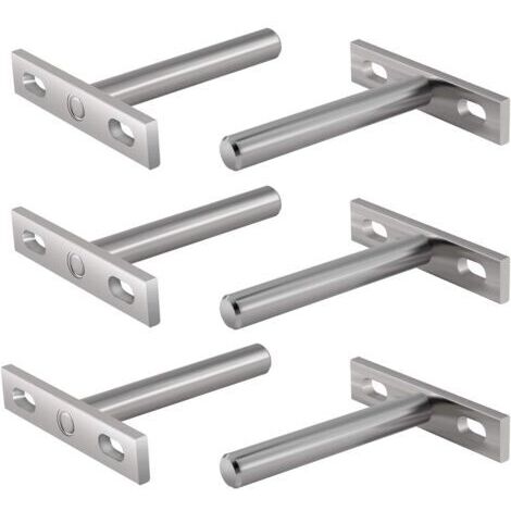 Supports métalliques pour la fixation d'étagères flottantes, ensemble de 6 pièces, acier inoxydable nickelé, installation dissimulée, dimensions 70 x 75 x 14 mm.