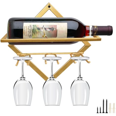 Supports Muraux pour Bouteilles de Vin en Métal, Rganisateur de Casier à Vin Suspendu Pliable pour 2 Bouteilles d'alcool, Étagère Murale Casier à Vin pour Cave De Bar De Cuisine (1, Gold-B)