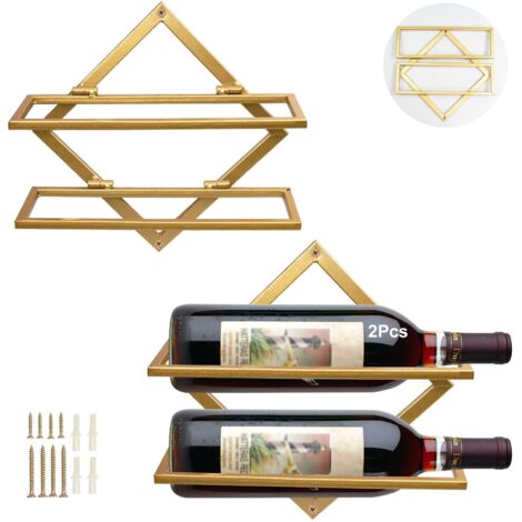 Supports Muraux pour Bouteilles de Vin en Métal, Rganisateur de Casier à Vin Suspendu Pliable pour 2 Bouteilles d'alcool, Étagère Murale Casier à Vin pour Cave De Bar De Cuisine (2, Gold-A)