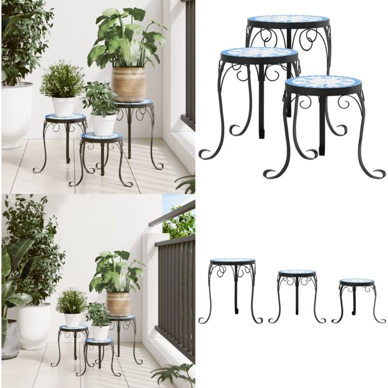Supports pour plantes 3 pcs bleu et blanc céramique - Support Plante - Table Plante - Jardinière - Décoration Extérieur - Décoration Intérieur - Home