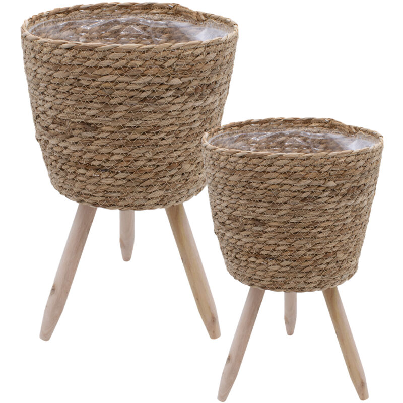 Supports pour plantes sur pieds - lot de 2 - supports à fleurs en paille/bois (petit + grand)