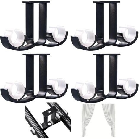 Supports pour rideaux doubles en métal noir – Lot de 4, fixation au plafond, robuste et design moderne