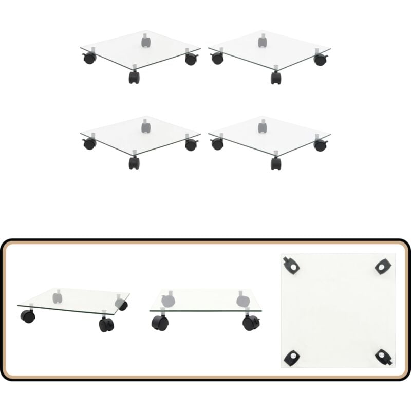 Supports roulants à plantes 4 pcs 35x35 cm Carré Verre trempé - Support Roulant Plante - Chariot Plante - Porte-pot - Base Plante - Meuble Jardin