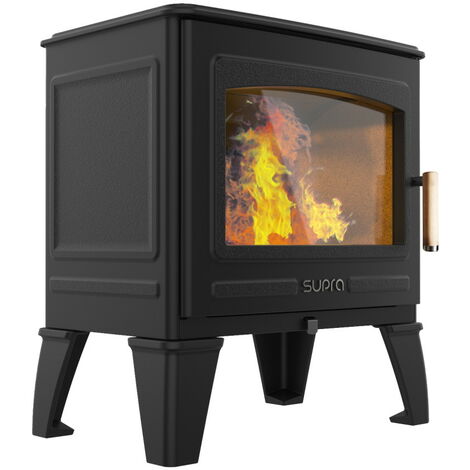 Supra – Poêle à bois 6,7kW en fonte – Évacuation des fumées supérieure – Rendement 80,2% – Charge nominale 2,46kg/h – Taille des bûches 49cm max