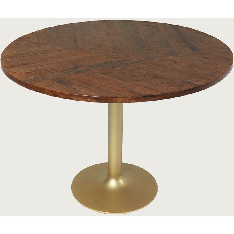 Uniqka - Surabaya - Table repas ronde en bois et métal doré D110 cm 6 pers. - Marron