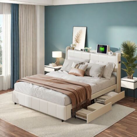 Sureh – Lit adulte 160x200 cm avec 4 tiroirs – Tête de lit avec ports USB et Type C – Poches latérales – Tissu PU blanc