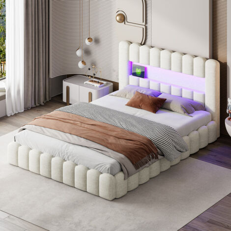 Sureh – Lit coffre 180x200 cm avec dossier moelleux – Rembourré en lin beige – Lumières LED réglables – Port USB intégré