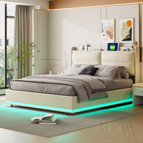 Sureh – Lit coffre capitonné 160x200 cm – Lit 2 personnes moderne avec rangement – Éclairage LED – Tête de lit rembourrée en velours beige