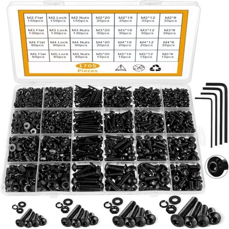 Surtido de 1705 piezas de tornillos para máquinas, tornillos y tuercas métricas M2, M3, M4 y M5 con arandelas de seguridad y arandelas, juego de tornillos de cabeza hexagonal fabricados en acero alead