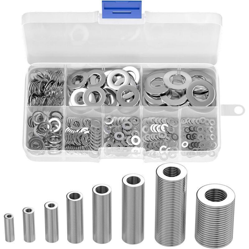 Surtido de 360 piezas de arandelas y tornillos planos de acero inoxidable para lavabos (M2, M2,5, M3, M4, M5, M6, M8, M10)
