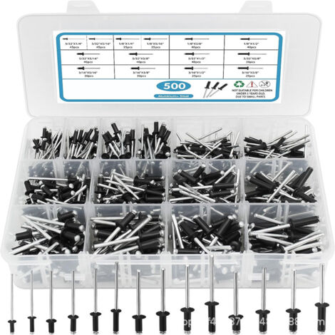 Surtido de 500 remaches ciegos negros, 14 tamaños de remaches de aluminio (3/32", 1/8", 5/32", 3/16"), juego de remaches ciegos para metal con divisor reforzado y estuche etiquetado.