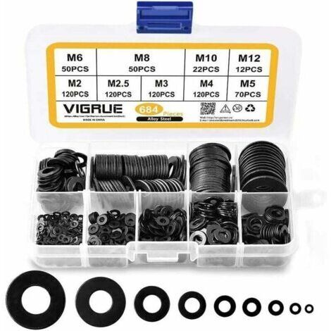 Surtido de 684 arandelas planas de acero inoxidable 304, M2, M2.5, M3, M4, M5, M6, M8, M10 y M12 para juntas de sellado de tornillos. Incluye caja (negra).