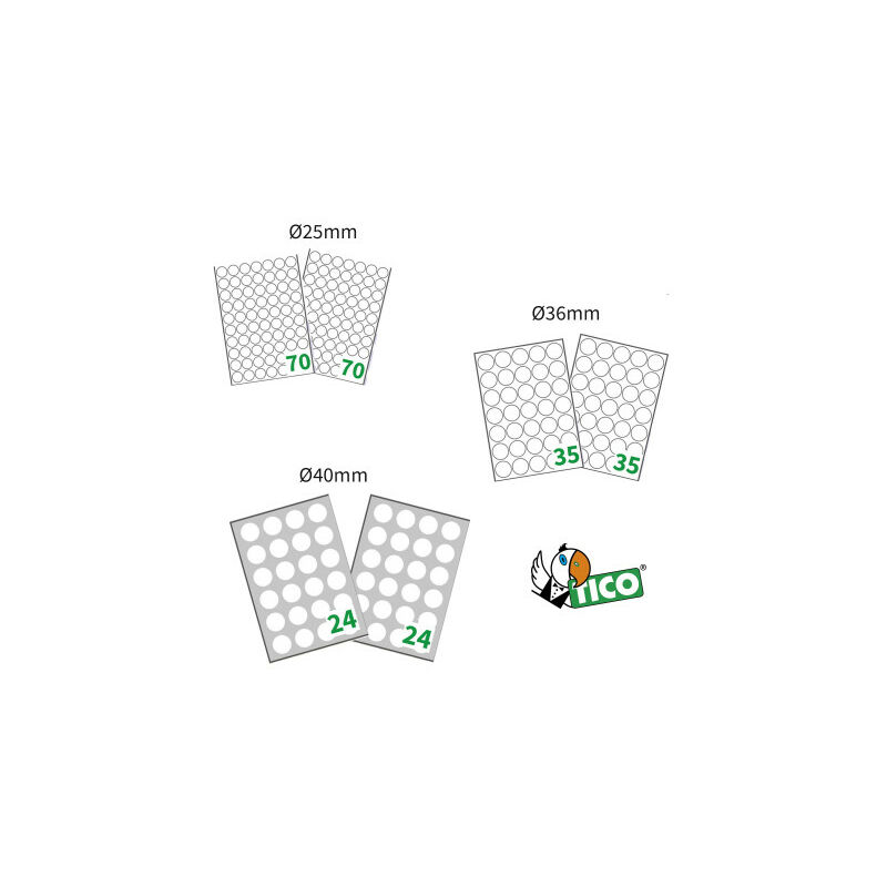 

Surtido de etiquetas redondas blancas y transparentes en hoja a4 medidas: ø25mm ø36mm y ø40mm- sobre de 6 hojas tico-bollini-mix