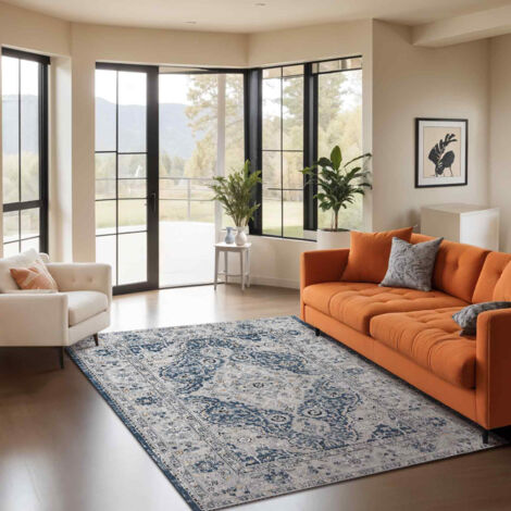 SURYA Teppich Kurzflor Wohnzimmer Vintage Orient Blau und Grau 160x220 cm