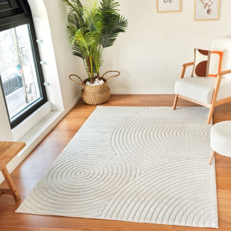 SURYA Tapis en Relief Tapis Exterieur Terrasse Salon Cuisine Motif Circle Scandinave Blanc 120 x 170 cm