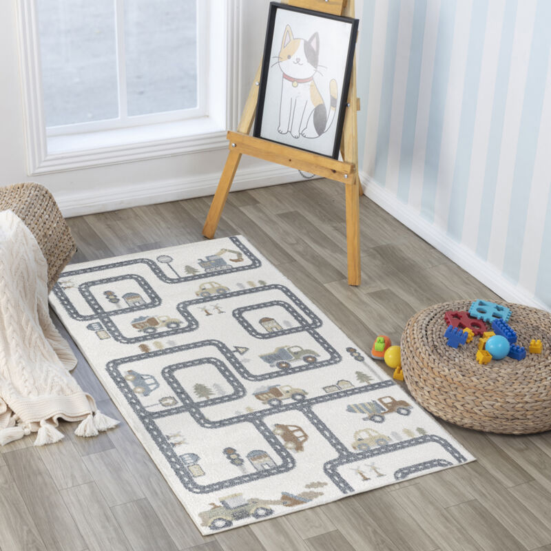 SURYA Tapis Enfant Lavable en Machine Circuit Voitures Beige/Gris 80x150 cm