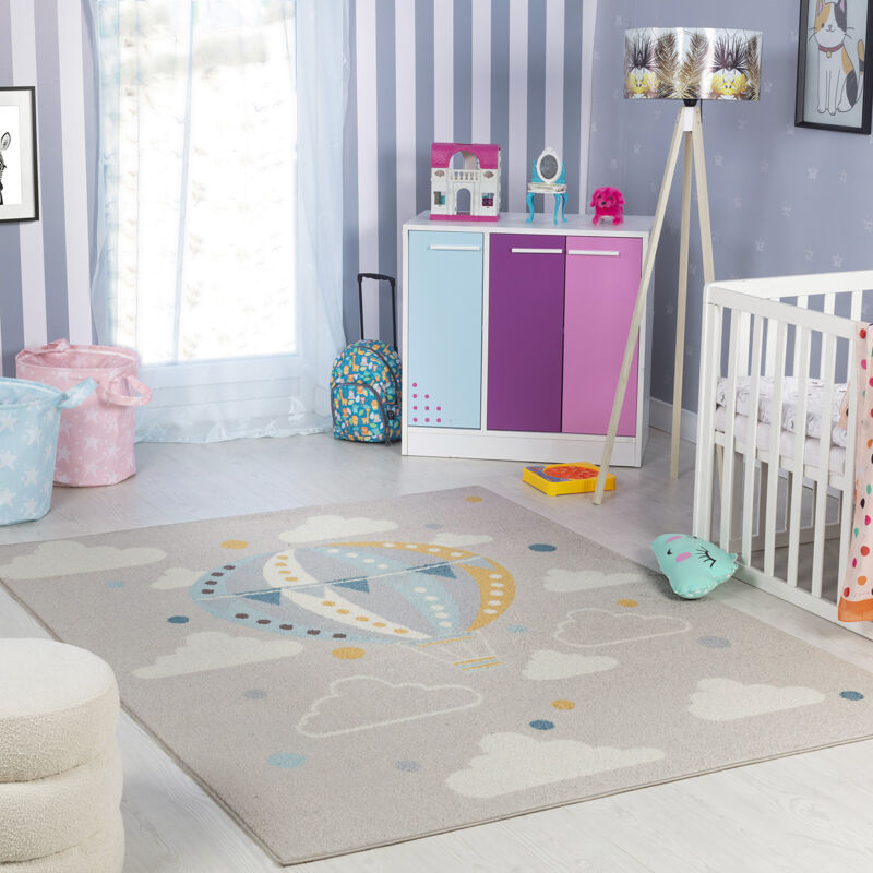 Surya - Tapis Enfant Montgolfière Nuages Multicolore/Gris 120x170 cm