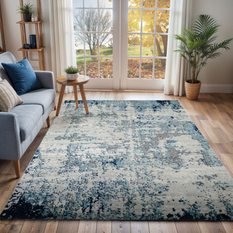 SURYA Teppich Kurzflor Wohnzimmer Modernes Abstraktes Design Blau und Weiß 120 x 170 cm