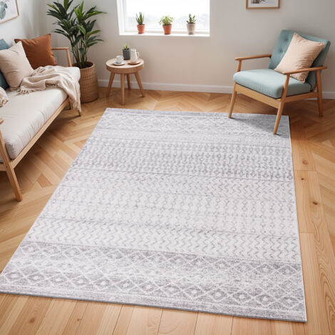 SURYA Teppich Kurzflor Wohnzimmer Skandi Design Boho Design Grau und Weiß 120 x 170 cm