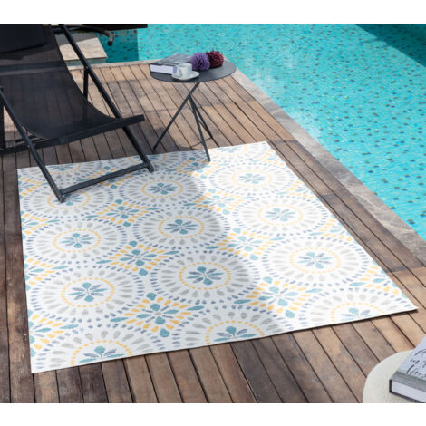 SURYA Teppich Outdoor Indoor Terrasse Balkon Modernes Boho Design Blau und Senfgelb 200 x 275 cm