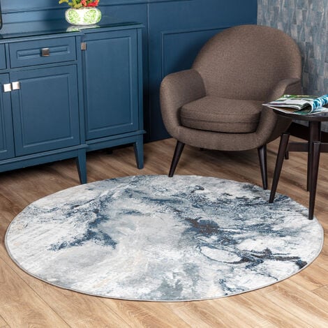 SURYA Teppich Rund Kurzflor Wohnzimmer Stil Modern Design Marmor Blau und Grau Ø 160 cm