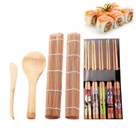 Sushi-Set aus Bambus mit Rollmatte, Messer und Essstäbchen
