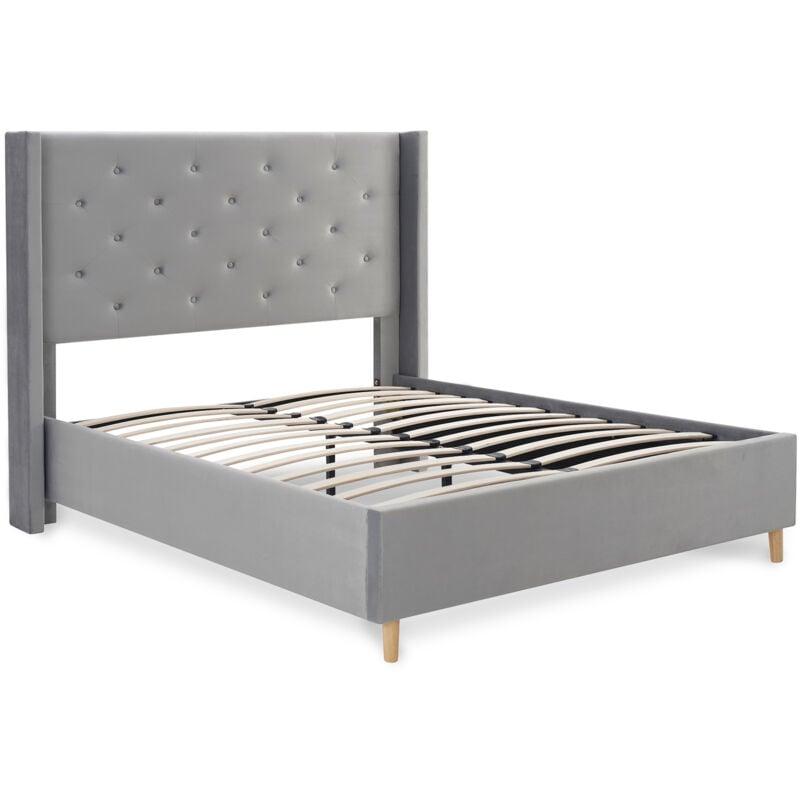 Mobilier Deco - susie - Lit en velours capitonné gris 140x190 cm
