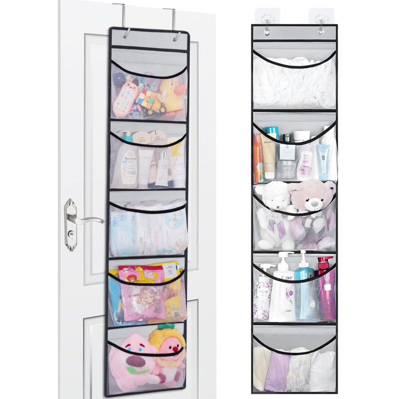 Suspendue,Organisateur de Rangement Suspendu Dessus de la Porte avec 5 Grande Poche et 2 Crochets en Métal, pour Chambre d'enfant, Salle de Bain,