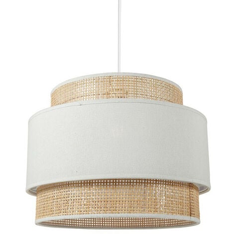 Suspension 3 abat-jours cannage et tissu blanc Ostaria