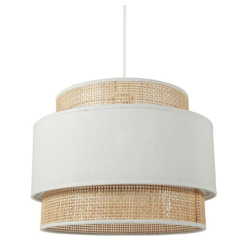 Ostaria - Suspension 3 abat-jours cannage et tissu blanc