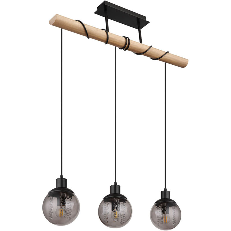 Suspension, 3 flammes, lampe de table à manger, suspension, salon, verre fumé, métal noir, 3x E27, LxlxH 78x15x120 cm
