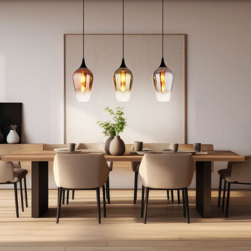 Suspension 3 flammes lampe suspendue noire lampe de table à manger lampe de salon, verre or, chrome, cuivre, 3x E27, LxlxH 83 x 18 x 120 cm