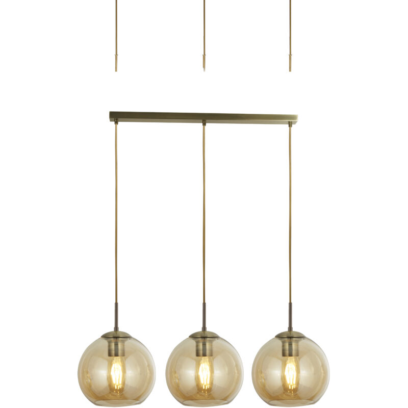 Searchlight - Suspension balls 3L Barre, métal Laiton antique avec verre ambré E27 3x60w Haut 150cm Lg 86cm Searchlight - Suspension balls 3L Barre, métal Laiton antique avec verre ambré E27 3x60w Haut 150cm Lg 86cm