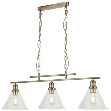 Suspension 3 flammes Pyramid laiton antique, abat-jour en verre transparent plaqué clair