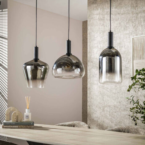 Suspension 3 lampes 105x28x150 cm en verre fumé noir et chromé