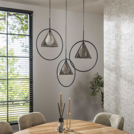 Suspension 3 lampes 45x180 cm en métal et verre fumé gris - KATZY