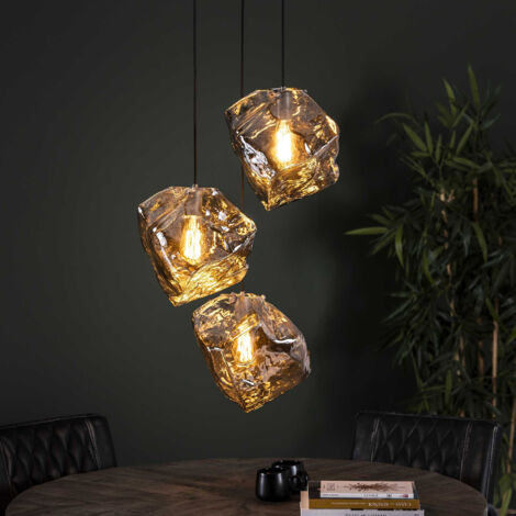 Suspension 3 lampes en verre soufflé transparent finition chromé - BOKK