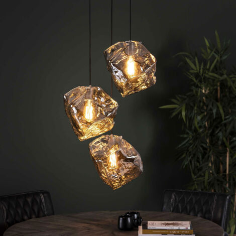 Suspension 3 lampes en verre soufflé transparent finition noire - AMP