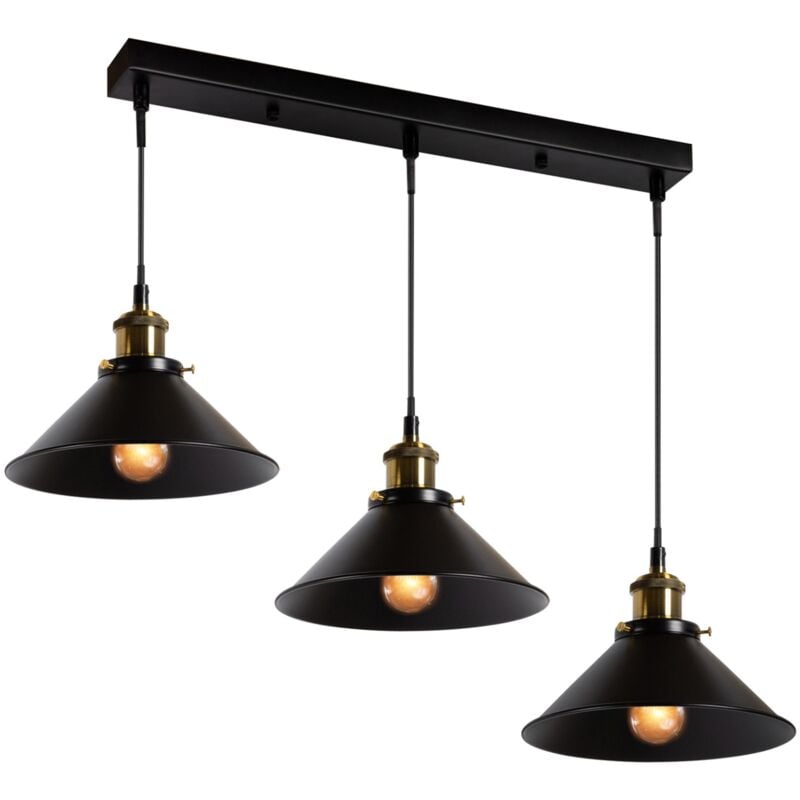 Suspension 3 lampes industrielles vintage en métal noir