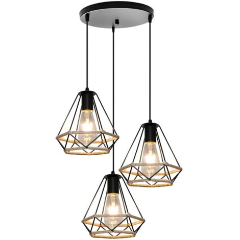 Suspension 3 lampes, suspension industrielle pour salle à manger et chambre, suspension cage en métal noir, ampoules E27 non incluses.