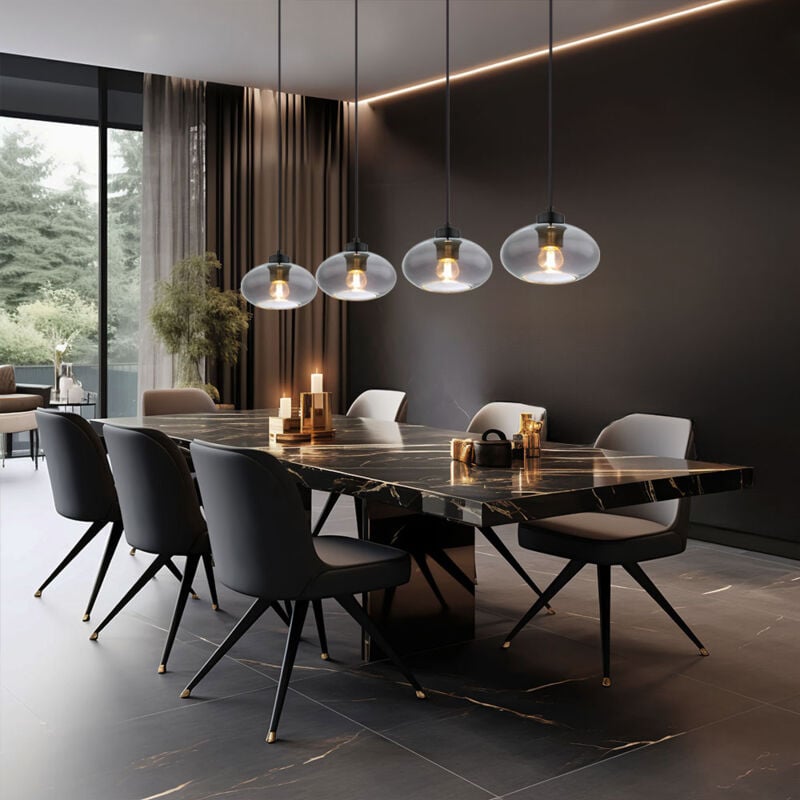 Suspension, 4 flammes, lampe de table à manger, suspension rétro, salon, verre fumé, métal noir, 4x E27, LxH 96x120 cm
