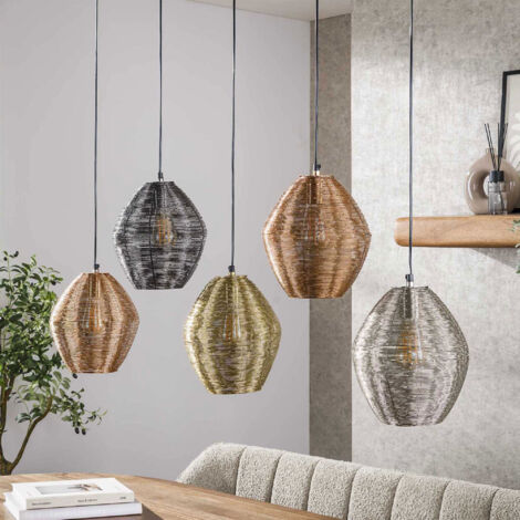 Suspension 5 lampes 118x23x150 cm en métal chromé, doré et cuivré