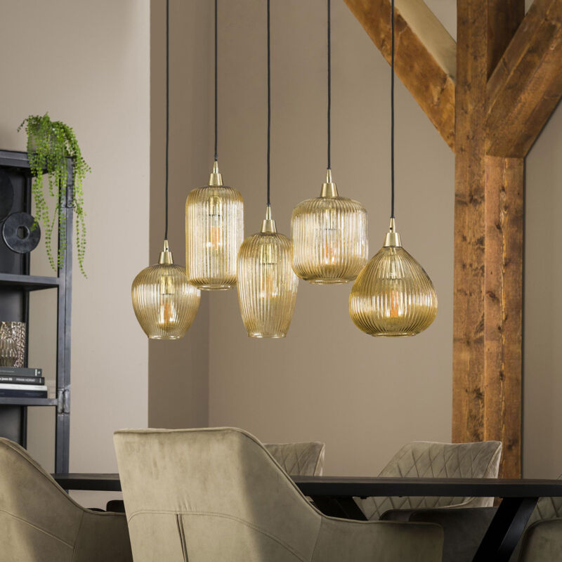 M&S – Suspension 5 lampes en verre ambré et métal – Dimensions 120x20x150 cm – Compatible avec ampoules E27 – Réglable en hauteur