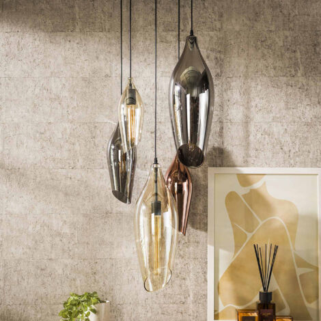 Suspension 5 lampes 60x180 cm en verre ambré, cuivré et chromé